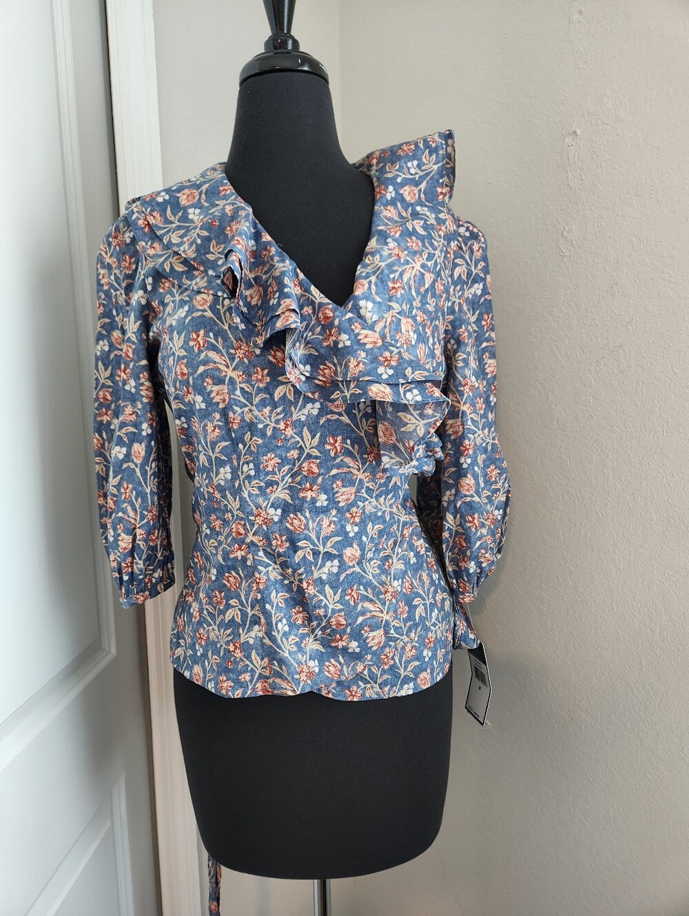 Polo by Ralph Lauren Blue Floral Ruffle Wrap Blouse